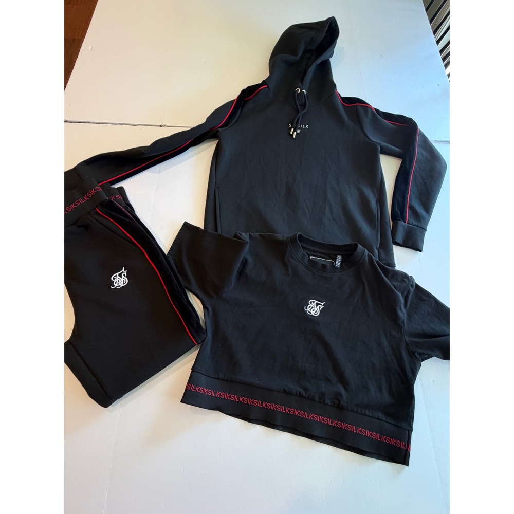 SikSilk Womens 3 Piece Tracksuit Set Hoodie Crop Top Joggers Black Red US 6